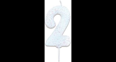 Witbaard Verjaardagskaars Cijfer 2 Wax 7 Cm Glitter Wit