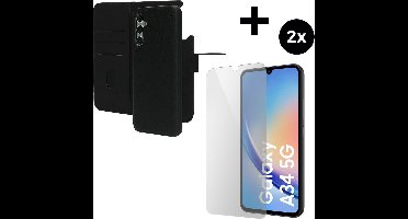 Mobiparts Leather 2 in 1 Wallet Case hoesje geschikt voor Samsung Galaxy A34 (2023) 5G met 2 Screenprotectors van Gehard Glas - Zwart