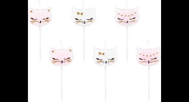 PARTYDECO - 6 witte en roze katten verjaardagskaarsjes