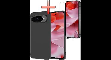 Hoesje - Met Screenprotector - Geschikt voor Google Pixel 9 Pro XL - Sterk & Shockproof - Back Cover - Siliconen Case - Telefoon Hoes - Zwart