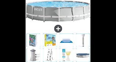 Intex Rond Prism Frame Zwembad - 457 x 107 cm - Grijs - Inclusief Pomp - Ladder - Grondzeil - Afdekzeil - Onderhoudspakket - Thermometer - 9-delig