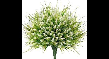 6 Bundels Kunstplanten - Nep Lavendelbloemen - Kunstgras - UV-bestendige Plastic Groenplanten - voor Tuin, Huis, Veranda, Raam, Terras, Hangende Plantenbak, Binnendecoratie,Wit