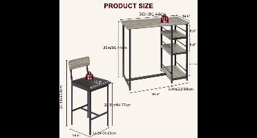 Eettafel Set – Barset – Keukentafel – Zitgroep – Bistro Set – Met 2 Gestoffeerde Stoelen – 3 Ruime Opbergrekken – Compact Metaal Design