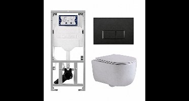 QeramiQ Dely Swirl Toiletset - 36.3x51.7cm - diepspoel - rimless - Geberit UP320 inbouwreservoir - met Burda frame - slim zitting - mat zwarte metalen bedieningsplaat - rechtehoekige knoppen - wit mat