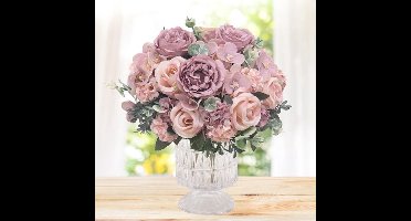 4 Bundels Kunstbloemen - Echte Zijden Kunstbloemen Roze Kunstrozen Pioenrozen Nepboeket voor Bruiloft, Feest, Huis- en Keukendecoratie