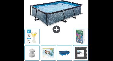 EXIT Rechthoekig Stone Frame Zwembad - 300 x 200 x 65 cm - Inclusief Pomp Loungebed - Afdekzeil - Vloertegels - 7-delig