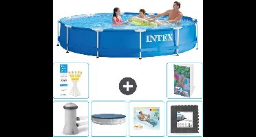 Intex Rond Frame Zwembad - 366 x 76 cm - Blauw - Inclusief Pomp Afdekzeil - Loungebed - Vloertegels - 7-delig