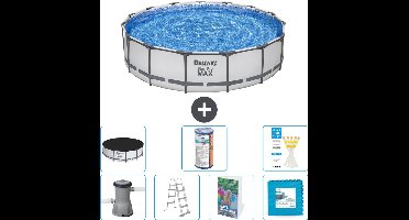 Bestway Rond Steel Pro MAX Zwembad - 457 x 107 cm - Grijs - Inclusief Pomp - Ladder - Afdekzeil - Filter - Vloertegels - 8-delig