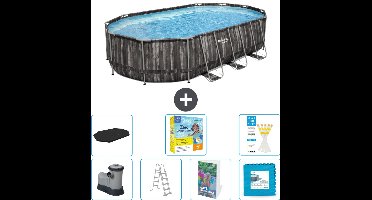Bestway Ovaal Power Steel Zwembad - 610 x 366 x 122 - Grijs - Inclusief Pomp - Ladder - Afdekzeil - Onderhoudspakket - Vloertegels - 8-delig