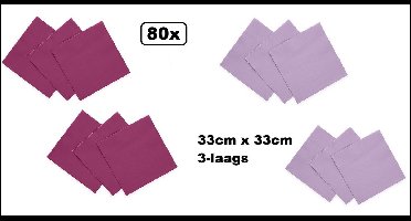 80x Servetten paars en lila 33cm x 33cm - 3 laags - Cocktail servet diner eten knoeien restaurant BBQ thema feest verjaardag feest