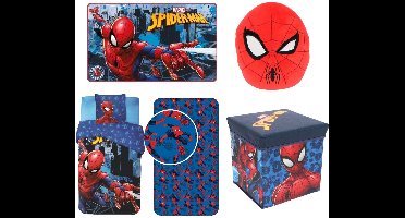 Spiderman slaapkamerset; opbergbox/stoel, vloerkleed, Squishy 32 cm , dekbedovertrek en hoeslaken