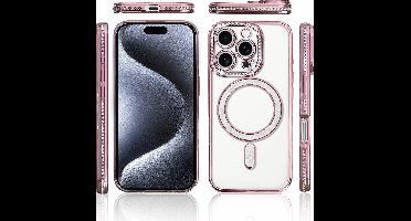 Hoesje Geschikt voor iPhone 15 Pro Magsafe hoes Lens beschermer Rose Goud – Luxe bling sprankelende diamant backcover
