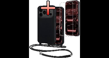 Hoes Geschikt voor iPhone 17 Pro Max Met Telefoonkoord Met Screenprotector - Siliconen Hoesje Backcover Met Ketting - Zwart