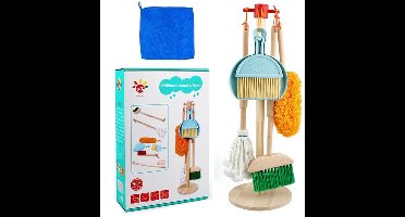 Schoonmaakset voor kinderen - 8-delige houten speelset voor huishoudelijke taken - Inclusief bezem, dweil, stofdoek, stoffer en blik, borstels, doekje en opbergstandaard - Schoonmaakspeelgoed cadeau voor peuters, meisjes en jongens