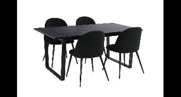 Tilst eethoek eettafel zwarte marmerprint 90x160 4 stoelen velours zwart.