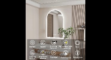 Badkamerspiegel – Slimme LED - Boogspiegel - met Anti-Fog - 3 Instelbare Lichtkleuren - Geheugenfunctie - Dimbaar Licht en Tijdweergave - Lichtgrijs