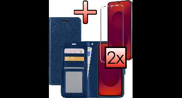 Hoesje - Met Screenprotector - Geschikt voor Samsung Galaxy S25 FE - Luxe Pasjeshouder - Bookcase Portemonee - Flip Case - Kunstleer Book Case - Flipcase - Book Cover - Walletcase - Portemonneehoes - Donkerblauw