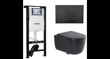 QeramiQ Dely Swirl Toiletset - 36.3x51.7cm - Inbouwreservoir met Geberit UP320 spoelmechanisme - 35mm zitting - mat zwarte metalen bedieningsplaat - ronde knoppen - mat zwart