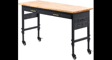 Verstelbare Werkbank - Werktafel - Industriële Werkbank - Garage Werkbank - Kantoor Tafel - met Lade - Pegboard - Wielen & Stroomvoorziening - 1500lbs - 60x24 Inch - Eikenhouten - Voor Garage - Werkplaats & Kantoor
