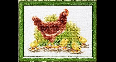 Pako Borduurpakket met telpatroon - Kip met kuikens - 210.897 - voorgesorteerd garen - Aida ivoor - 13 x 17 cm - DIY kit