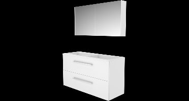 Basic Comfort 46 badmeubelset met spiegelkast, onderkast met 2 lades, grepen en acryl wastafel zonder kraangaten 120 x 46 cm, ice white