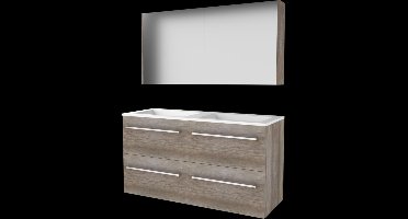 Basic Comfort 46 badmeubelset met spiegelkast, wastafelonderkast met grepen, 4 lades en acryl wastafel met 2 kraangaten 120 x 46 cm, scotch oak