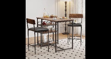 Moderne Industriële Bartafel Set voor 2 Personen met Opbergruimte en Gestoffeerde Barkrukken – 3-delig, Vintage Bruin – Medahomestore