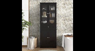 Hoge Opbergkast – Badkamerkast – Linnenkast – Keukenkast – Voorraadkast – Zwart MDF Met Veiligheidsglas – 160 cm Hoog – Anti-Kantelveiligheid