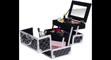 Make-upkoffer – Make-up trolley – Cosmetica koffer – Beautycase – Visagiekoffer – Aluminium frame – Uitklapbare 3-laags met slot en spiegel – Zwart – 20x15x15 cm