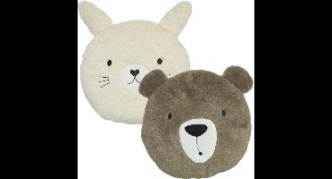 Home & Styling Dieren sierkussen kinderkamer - beer / konijn - bruin / wit - 30 cm - 2 stuks - polyester