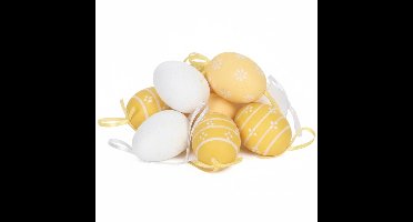 Home & Styling Paaseieren hangdecoraties - geel - 12x stuks - 6 cm - kunststof - Pasen versiering voor paastakken- Pasen versiering - met touwtjes