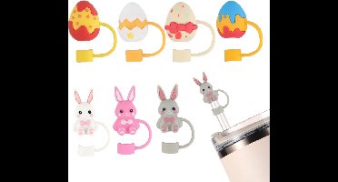 Siliconen Strohoesjes voor Beker - Set van 7 - Pasvorm 30oz & 40oz - Pasen Thema - Konijn en Eieren Design - Feestdecoratie