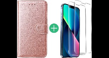 Hoesje Geschikt voor iPhone 13 bookcase met 2 Pack Screenprotector gehard glas – Rosegoud