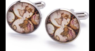 Manchetknopen - Wereldkaart Beige en Zilver