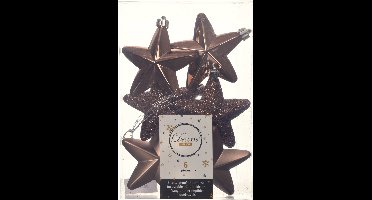 Decoris kersthanger sterren - 6x st - walnoot bruin - 7 cm - kunststof - kerstornamenten - kerstversiering