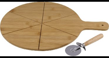 alpina Pizzaplank met Pizzasnijder - Pizzabord Hout met Handvat - Keukengerei voor Perfect Snijden - Ø 34 cm - Inclusief Pizzames