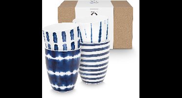 vtwonen - Mokken zonder oor - Koffiemok - Blauw, Wit - Porselein - 400ml - Set van 4
