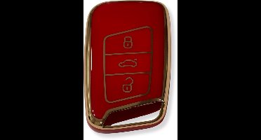 Sleutelcover voor Volkswagen, VW Sleutelhoesje, Key Case for VW, Autosleutel Hoesje Geschikt Voor Volkswagen, VW Polo Golf Passat B8 Tiguan T-Roc T-Cross Skoda Octavia Superb, Rood - Goud