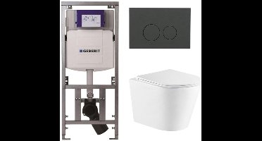 QeramiQ Dely Toiletset - 36.3x51.7cm - diepspoel - rimless - Geberit UP320 inbouwreservoir - met Burda frame - softclose toiletzitting - bedieningsplaat mat antraciet - ronde knoppen - wit mat