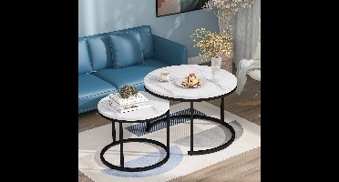 Moderne salontafel set van 2 voor woonkamer balkon kantoor - witte ronde hout accent salontafels met zwart stevig metalen frame - eenvoudige montage - marmer wit 71cm en& 46cm