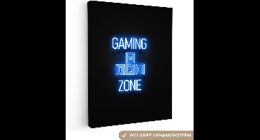 Canvas schilderij 90x120 cm - Wanddecoratie Gaming - Tekst - Gaming zone - Neon - Blauw - Muurdecoratie game room - Gaming kamer decoratie - Gameroom accessoires - Schilderijen