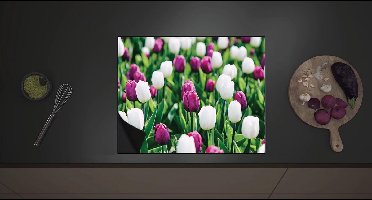 Inductie Beschermer - Paars-Witte Bloemenveld - 60x52 cm - 2 mm Dik - Inductieplaat Beschermer met zwarte kern