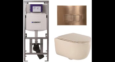 QeramiQ Dely Swirl Toiletset - 36.3x51.7cm - Geberit UP320 inbouwreservoir - met Burda frame - slim zitting - koperen bedieningsplaat - rechthoekige knoppen - beige