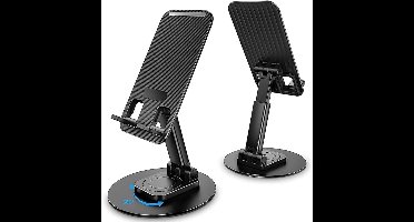 Verstelbare opvouwbare telefoonhouder | Dock-tafelhouder Geschikt voor alle smartphones, tablets, Kindle, iPad, stabiele metalen basis | 360° draaibaar | Aluminium (zwart)