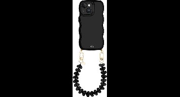 xoxo Wildhearts Glossy Wavy Cord Case Black - Funky Hearts (Zwart) - geschikt voor iPhone 15 Plus - hoesje met koord - telefoonkoord met hartjes - golvend hoesje - silicone case - schokbestendig - zwart