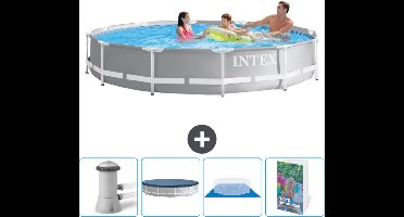 Intex Rond Prism Frame Zwembad - 366 x 76 cm - Grijs - Inclusief Zwembadfilterpomp - Afdekzeil - Grondzeil - Zwembadgids
