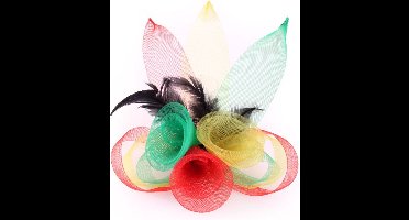 Broche tule 3 bloemen met veertjes rood-geel-groen carnaval