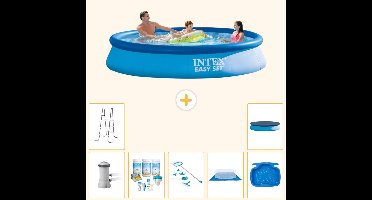 Intex Rond Opblaasbaar Easy Set Zwembad - 366 x 76 cm - Blauw - Inclusief Pomp - Onderhoudspakket - Schoonmaakset - Grondzeil - Voetenbad - Ladder - Afdekzeil - 8-delig