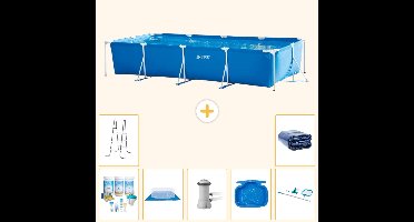 Intex Rechthoekig Frame Zwembad - 450 x 220 x 84 cm - Blauw - Inclusief Onderhoudspakket - Grondzeil - Zwembadfilterpomp - Voetenbad - Ladder - Schoonmaakset - Solarzeil - 8-delig