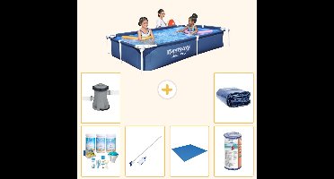 Bestway Rechthoekig Steel Pro Zwembad - 221 x 150 x 43 cm - Blauw - Inclusief Onderhoudspakket - Schoonmaakset - Grondzeil - Filter - Zwembadfilterpomp - Solarzeil - 7-delig